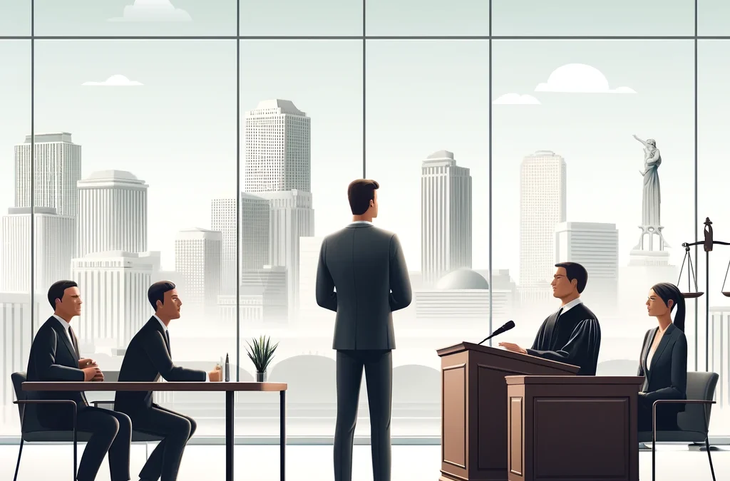 A modern and minimalist illustration of a courtroom scene in New Orleans, Louisiana The scene shows a personal injury lawyer presenting a case to the