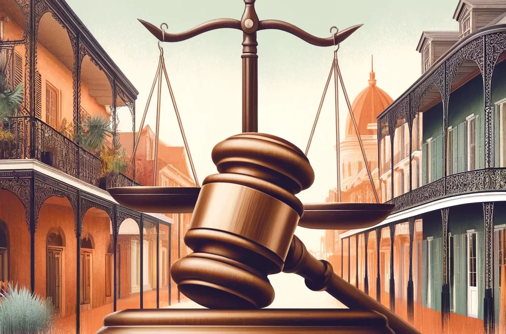 A modern and fresh symbolic photograph depicting legal guidance in New Orleans without people The image shows legal symbols like a gavel and scales o